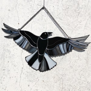 Raven suncatcher, stained glass window hangings, Halloween home decor, fall decor, garden art, handmade gift, unique wall art, bird ornament
