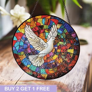 Peace Dove Stained Glass Panel - Vibrant Multicolor Design Circular Window Hanging