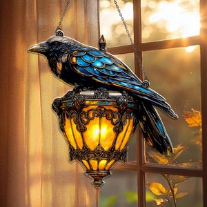 Gothic Raven on Lantern Acrylic Suncatcher, Halloween Crow on Lamp Ornament, Halloween Decor, Black Raven Door Hanger, Gothic Suncatcher