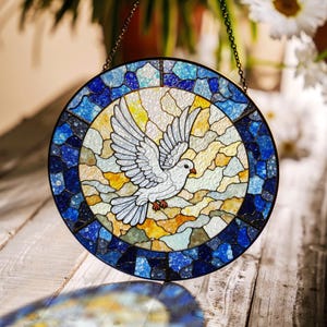 White dove stained glass suncatcher round window hanging peace bird decor Christian gift