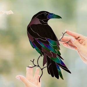 Stained glass raven wall decor Gothic bird window hanging decor Halloween gothic home gift Crow suncatcher Handmade raven bird wall ornament
