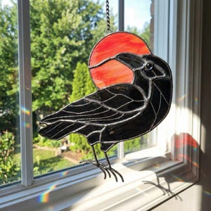 Stained Glass Raven Suncatcher, Fathers Day Gift for Dad, Red Moon Winter Decor, Black Crow Ornament, Bird Lover Gift for Him, Car Charm
