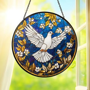 White Dove Stained Glass Suncatcher Round Window Hanging, Peace Bird Sun Catcher, Christian Home Decoration, White Dove Lovers Gift