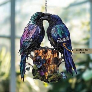 Raven Couple Acrylic Suncatcher – Faux Stained Glass Bird Decor