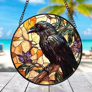 Gothic Raven Stained Glass Suncatcher | Circular Mosaic Window Art | Witchy Dark Academia Decor