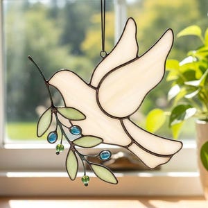 Stained Glass Dove Suncatcher With Olive Branch, Handcrafted Peace Bird Window Hanging Art