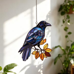 Stained Glass Raven Sun Catcher, Gothic Window Decoration, Easter Gift, Mother's Day Gift, Wizard-Themed Room Decor, Gift for Bird Lovers