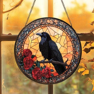 Raven Stained Glass Suncatcher, Gothic Crow Window Hanging Decor,Black Bird Idea for Dark Theme, Halloween Gifts for Mom Friend Her,Birthday
