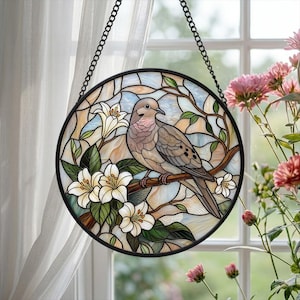Mourning Dove Stained Glass Suncatcher: White Lily Flower Memorial Bird Gift