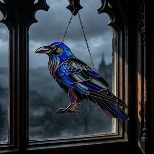 Handmade Raven Stained Glass Suncatcher, Gothic Bird Window Hanging, Fantasy Decor