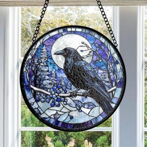 Raven Stained Glass Suncatcher, Gothic Crow Window Hanging, Winter Moon Bird Art, Nature Lover Gift, Mystical Black Bird Ornament