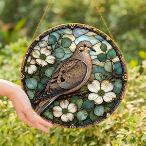 Mourning Dove Stained Glass Window Suncatcher, Peaceful Bird Hanging Decor, Nature Lover Gift, Elegant Home Ornament Art- Golden Frame