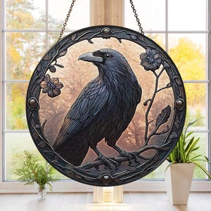 Raven Stained Glass Suncatcher, Round Window Hanging Dark Book Stack Decor, Gothic Bird Lover Decor, Halloween Mystic Witchy Memorial Gift