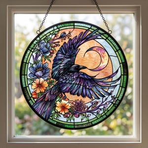 Moonlit Raven Stained Glass Suncatcher, Flying Mystic Bird Window Hanging Decor, Gothic Celestial Moon Ornament,Witchy Nature Lover Gift Her